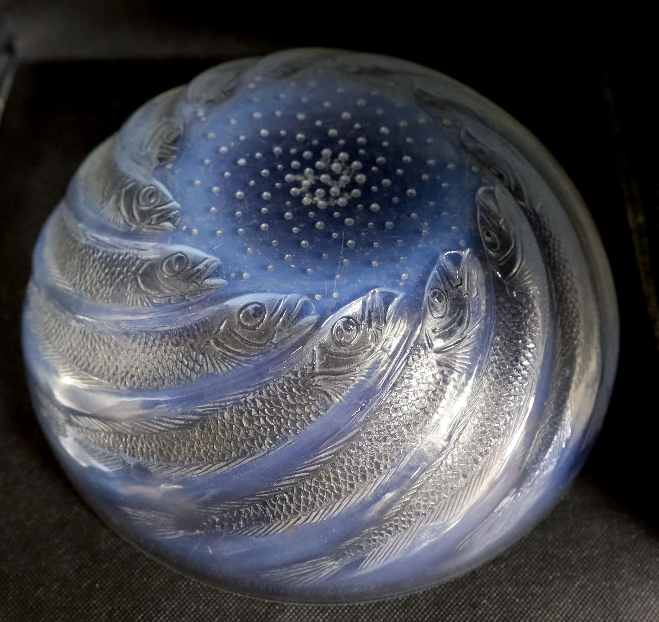 A Lalique Poissons bowl, No. 3211, 24cms diameter.